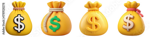 Yellow money bag dollar sign finance wealth savings 3D rendering isolated cheerful