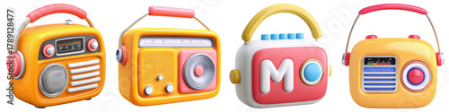 Yellow retro radio, vintage style, plastic, cheerful, cartoon, isolated, 3D render