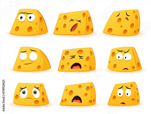 Cartoon cheese characters showing diverse emotions and expressions
