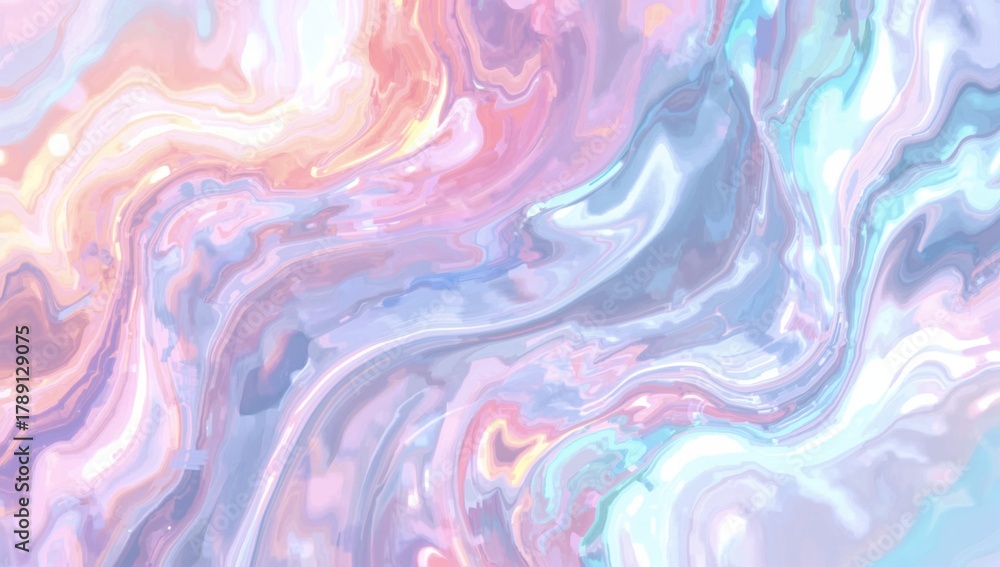 Obraz premium Gently swirling liquid marble texture in soft iridescent pastel colors of pink, purple, and blue for a dreamy abstract background