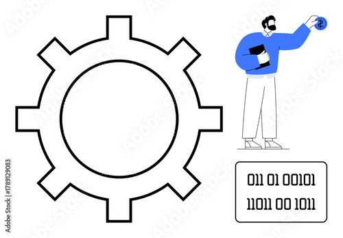 Gear representing technology, figure interacting with data, binary code. Ideal for tech solutions, innovation, coding, engineering, automation problem-solving teamwork. Simple flat metaphor
