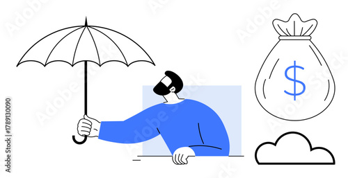 Man holding umbrella shields money bag and cloud, symbolizing financial protection, saving, responsibility, insurance, banking, budgeting, and risk management. Ideal for simple flat metaphor