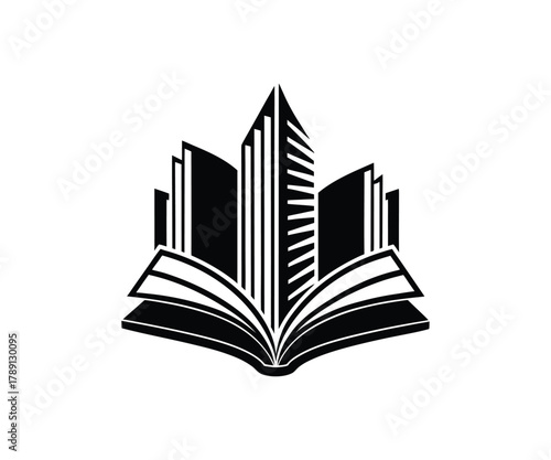 Open Book Forming a Skyscraper Silhouette Icon Keywords: book, open book, skyscraper, building