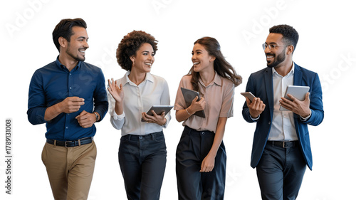 Four professionals walking and conversing animatedly, fostering a positive collaborative atmosphere.