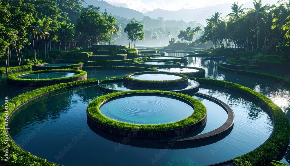 Fototapeta premium Serene Water Gardens with Lush Greenery and Circular Pools in a Tropical Landscape.
