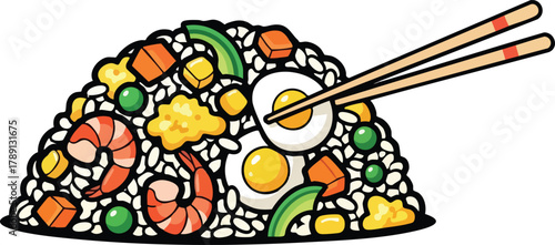 Delicious Japanese Fried Rice Served with Chopsticks and Garnished with Shrimp Egg Peas and Avocado