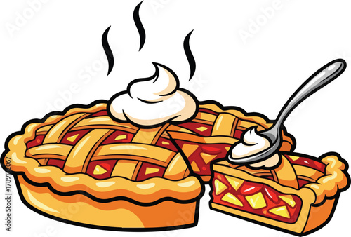 Close up of a hot baked apple pie with a slice removed and a spoon of whipped cream on top