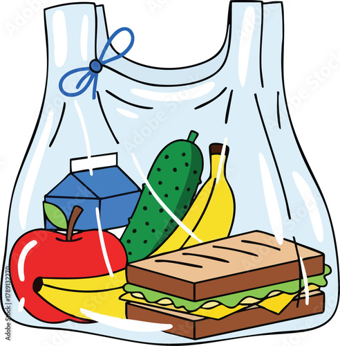 Clear Plastic Bag Filled With Healthy Food Items Including Sandwich Apple Banana Cucumber and Milk Carton