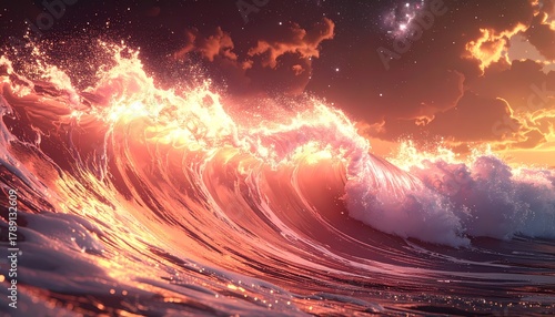 Vibrant Ocean Wave at Sunset with Fiery Hues and Dynamic Motion.