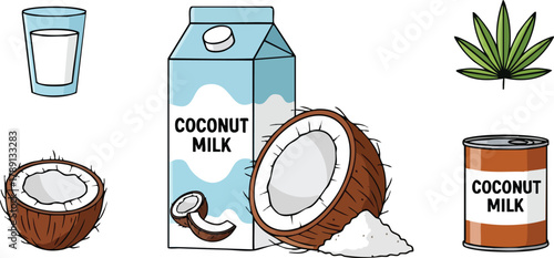 Pixel Art Coconut Milk Beverage Products with Coconut Halves and a Marijuana Leaf