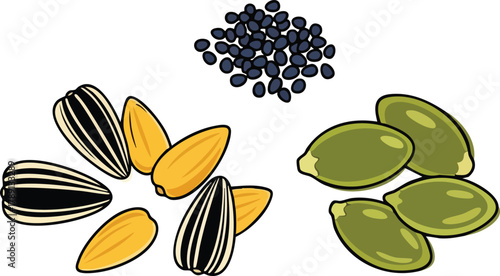 Assortment of Sunflower Pumpkin and Small Dark Seeds on a Plain White Background