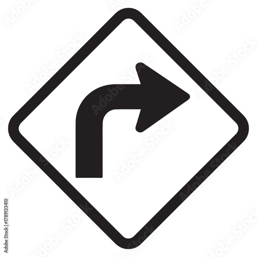 Diamond shaped traffic sign indicating a sharp right turn ahead on the road