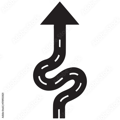 Winding road leading upwards towards an arrow symbolizing progress and direction
