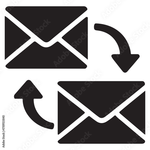 Two black envelopes with curved arrows indicating a transfer or exchange of mail