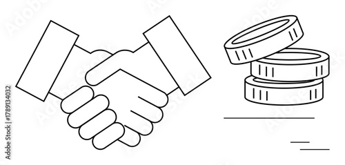 Handshake symbolizing cooperation next to a stack of coins, indicating negotiation, partnership, teamwork, success, investment, deal, and trust. Ideal for business finance contract