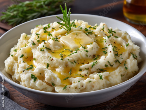 Creamy mashed potatoes with butter and fresh herbs