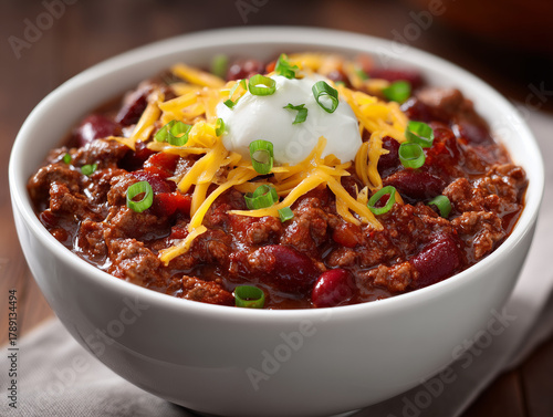 Spicy chili con carne serving with sour cream and cheese topping