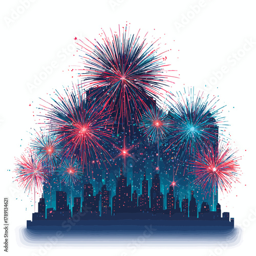 Fireworks exploding over a city at night celebration