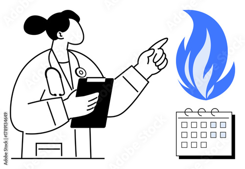 Medical worker holding clipboard, gesturing toward a flame and calendar. Ideal for healthcare, emergency preparedness, scheduling, disaster management, fire safety, risk assessment, crisis response