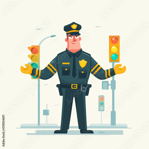 Police Officer in Uniform Directing Traffic at Street Lights