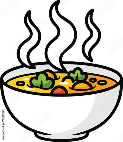 Steaming Bowl Of Yellow Soup With Vegetables And Herbs In A White Bowl Warm Food