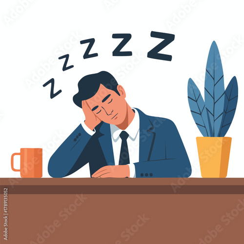 Sleeping office employee rests at desk leaning on arm surrounded by zzz vector