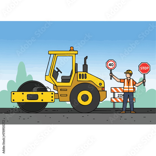 A road worker holds a stop sign and a speed limit sign in front of a yellow road roller, indicating ongoing road construction and traffic control.