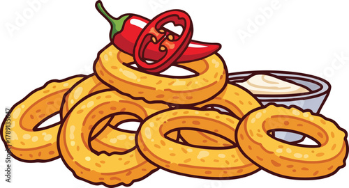Golden Onion Rings with Sliced Red Chili Pepper and Creamy Dip on a White Background