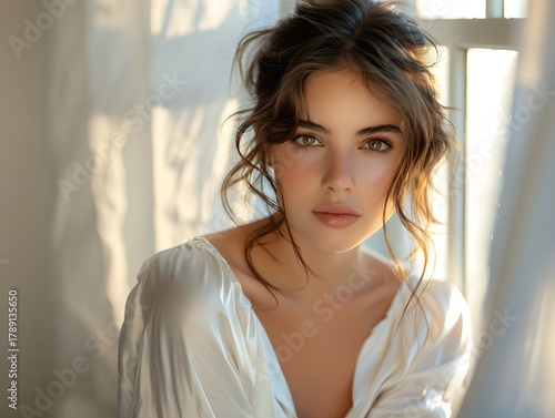 Aesthetic natural-light portrait of a young woman in a white satin shirt by the window. Soft morning light and gentle tones evoke warmth, calmness, and modern minimalist beauty. Free Download Aesthetic natural-light portrait of a young woman in a white satin shirt by the window. Soft morning light and gentle tones evoke warmth, calmness, and modern minimalist beauty. - GFXLoad