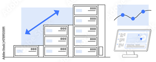 Stacked server units denoting storage growth, upward arrow for progress, graph for analytics, computer with dashboard. Ideal for data management, cloud solutions, analytics, tech growth, business