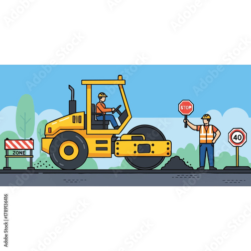 A yellow road roller flattens asphalt on a road construction site, while a worker holds a stop sign, ensuring safety and traffic control in the area.