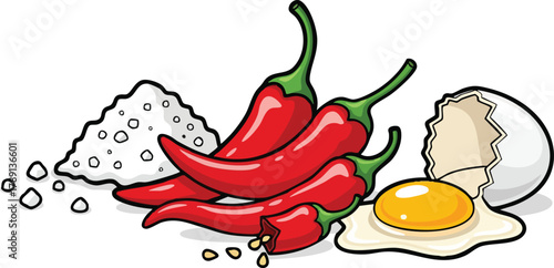 Red chili peppers with salt and a broken egg on a white background a delicious combination for cooking and seasoning