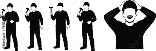 Construction worker silhouette, hammer action, emotional reaction, manual labor, industrial job, mistake moment, frustration pose, builder icon, vector art, black outline, hard hat