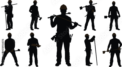 Construction worker silhouettes, hard hat crew, tool belt professionals, crowbar pose, blueprint holder, wrench user, hammer grip, safety gear, black background, diverse tools