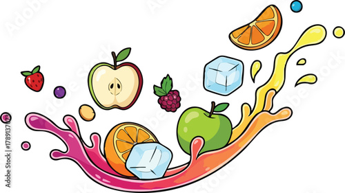 Pixel Art Splash Of Fruits And Ice Cubes With Bright Colors And Dynamic Motion