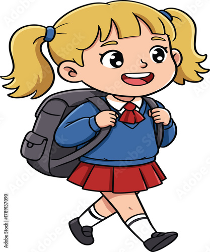 Happy blonde schoolgirl character walking cheerfully while carrying a heavy backpack, wearing her uniform, and smiling on her way to class, isolated vector.