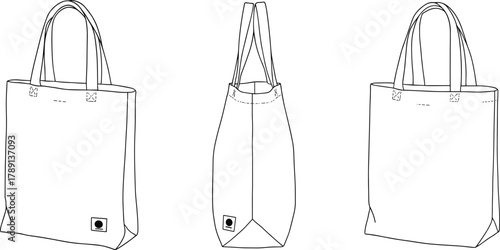 Set of three technical flat drawings showing a blank canvas tote bag mockup from side, front, and perspective views for fashion design and apparel.