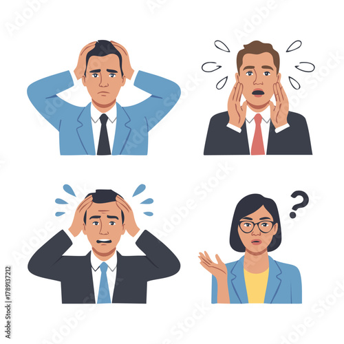 Set of stressed business people in panic and confusion with question mark