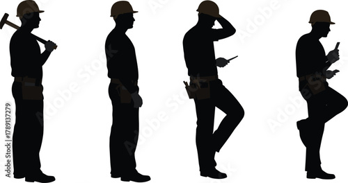 Construction worker silhouettes, hard hat poses, tool belt team, hammer and walkie-talkie, smartphone stance, black figures, labor theme, digital art, white background