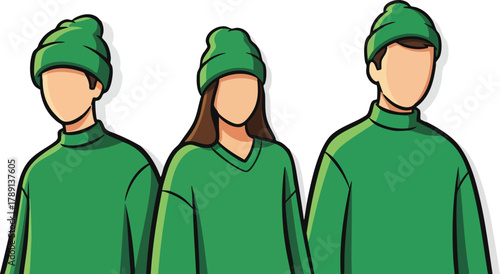 Three pixel art figures wearing green beanies and turtlenecks against a white background