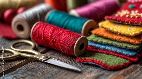 Colorful spools of thread and felt pieces arranged on a wooden table. Scissors are placed nearby, showcasing crafting materials for Christmas and New Year decorations.