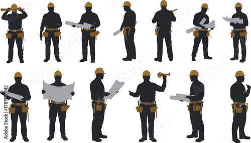 Construction worker silhouettes, hard hat team, blueprint and tool poses, side and front views, black figures, jobsite activity, digital art, white background