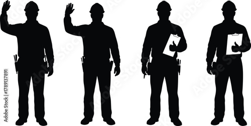 Construction worker silhouettes, hard hat team, clipboard and gesture poses, thumbs-up stance, tool belt crew, black figures, digital art, white background