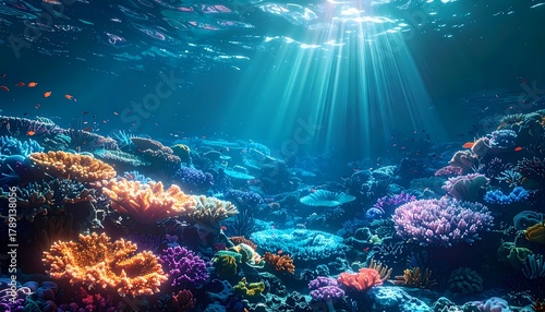 Fototapeta Naklejka Na Ścianę i Meble -  Vibrant underwater coral reef with sun rays illuminating marine life.