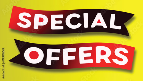 Bold red and black special offers announcing banners with helvetica and courier fonts for promotions and sales events