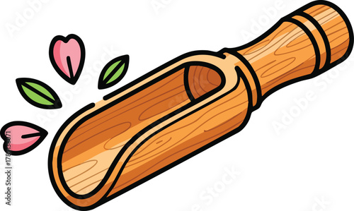 Wooden Scoop with Pink Petals and Green Leaves Against White Background