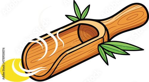 Wooden Scoop With Green Leaves And Steam Rising From A Yellow Circle Isolated On A White Background