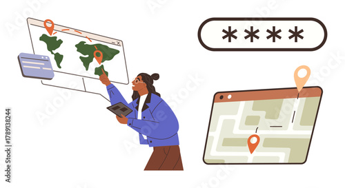 Woman analyzing a world map to plan routes, pins on map. Navigation highlighted with digital map interface, password security pad. Ideal for travel, global strategy, tech security, logistics, data