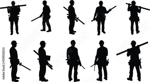 Construction worker silhouettes, hard hat team, tool belt crew, blueprint holders, pipe carriers, board lifters, posture variation, safety gear, black figures, jobsite theme