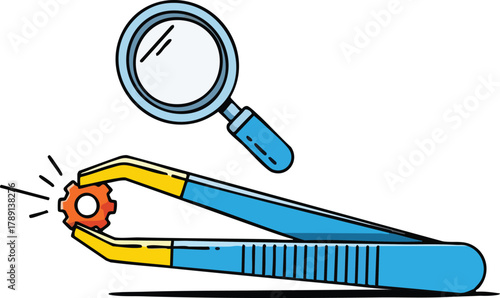 Close up of a tiny orange gear held by blue tweezers under a magnifying glass showing precision and detail examination